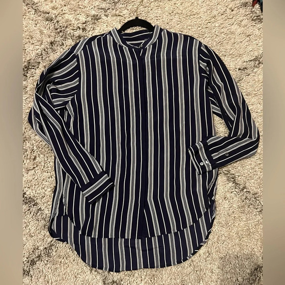 Madewell Silk Blouse Size Medium Blue & White Stripe Print Long SZ M (J116) - Picture 7 of 9
